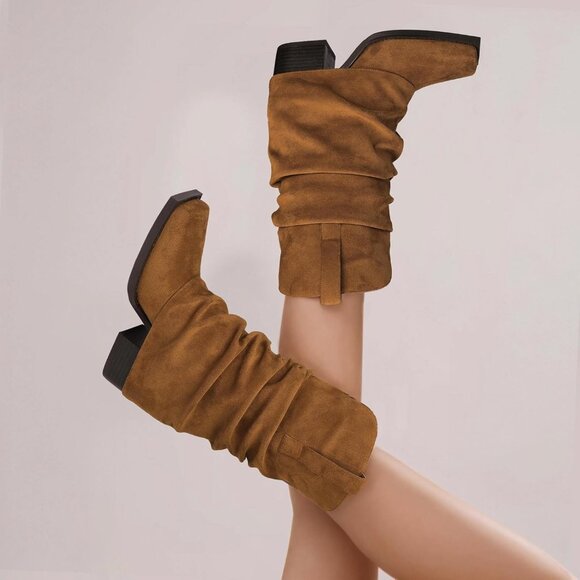 Women's Suede Cowboy Boots Mid Calf Chunky Heel Fold Over Western Casual - Picture 8 of 8